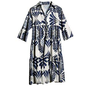 Sunday Up Midi Dress Blue White Printed 3/4 Sleeve Button Front Stretch Size S